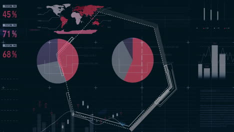 animación de un hexágono sobre una interfaz infográfica multicolor contra un fondo negro