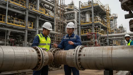 engineers collaborate on industrial pipeline project: an insightful discussion within a complex refinery environment featuring key safety and efficiency measures