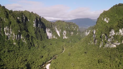 Spectacular-view-of-Fox-River-in-canyon-surrounded-by-massive-limestone-cliffs-and-native-New-Zealand-rainforest