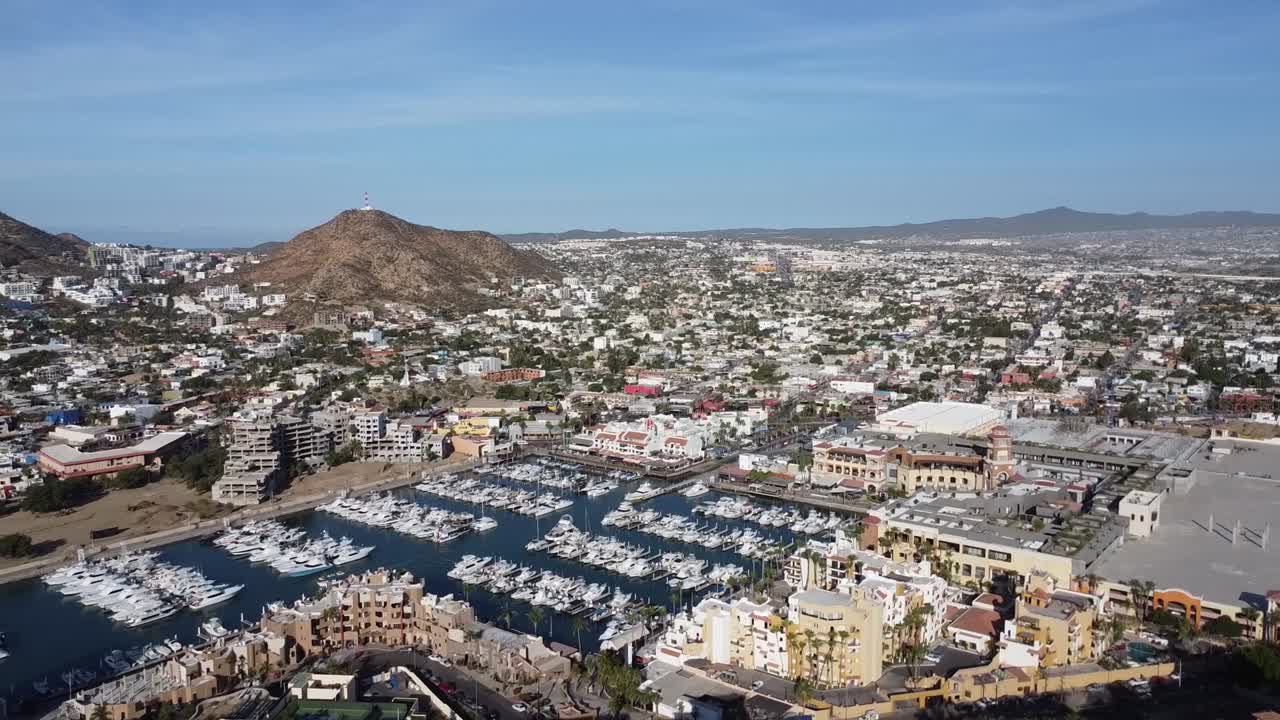 Bird's eye view of the Mexican city of Cabo San Lucas with the marina
