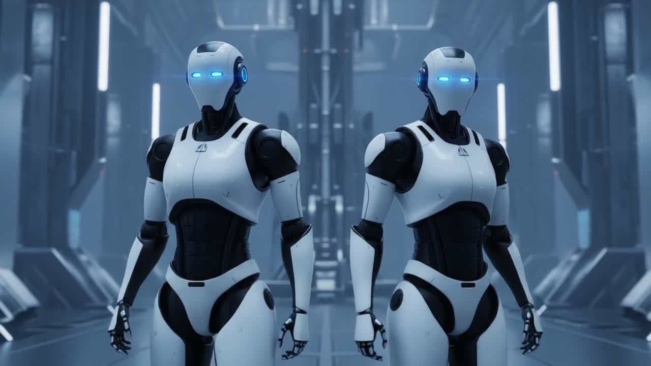 Futuristic Android Duo Displaying Advanced Robotics in a High-Tech Environment, Showcasing Innovative Design and Cutting-Edge Technology in the Field of Artificial Intelligence