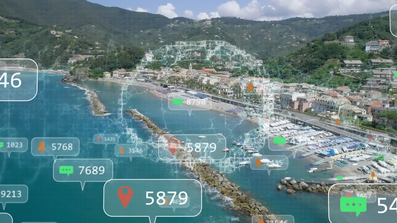 Animation of social media icons over cityscape