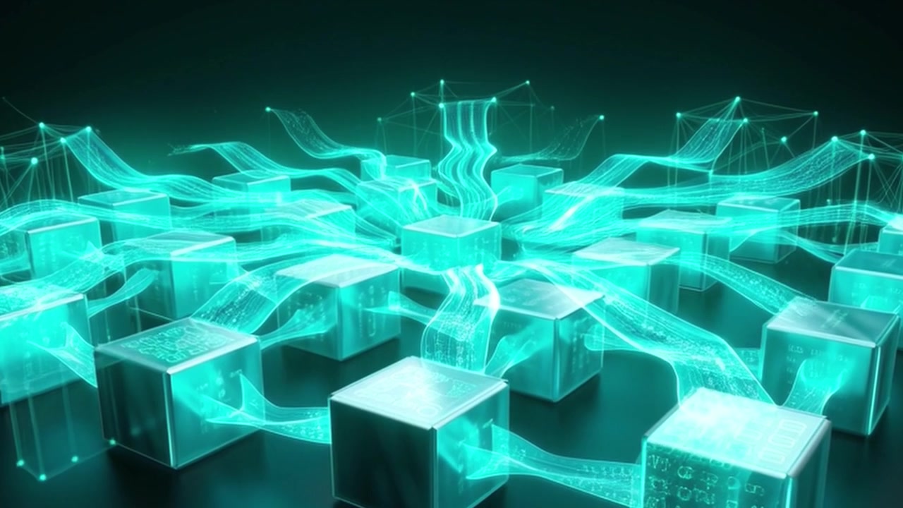 Digitalt blockchain-netværk, der forbinder glødende datakuber