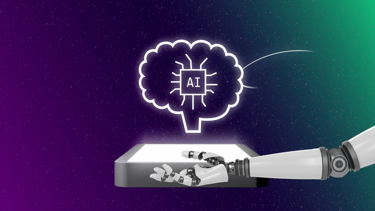 animación de una mano robótica con cerebro con un texto en fondo azul