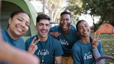 selfie, people together and happy on camping