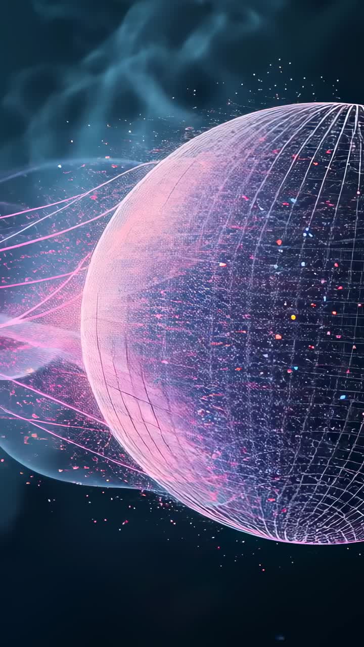 Vertical video: Ribbons streaming into wireframe sphere, rotating charging in space, with particles