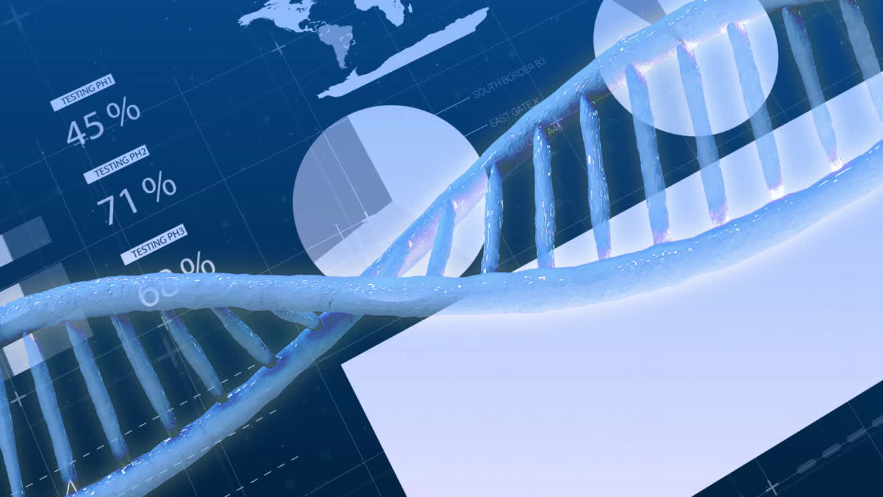 세계 지도 배경에 대한 dna 스트랜드 및 데이터 차트 애니메이션