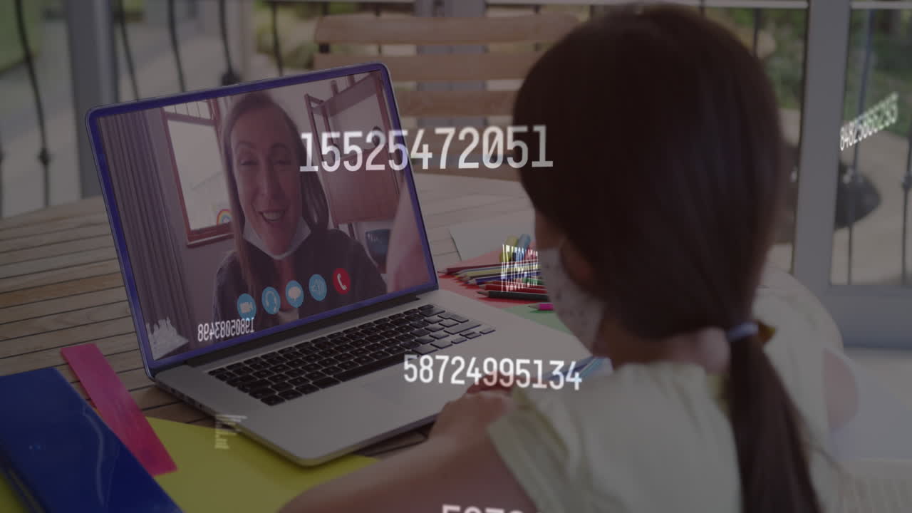 Animation of numbers changing over girl in face mask using laptop on video call
