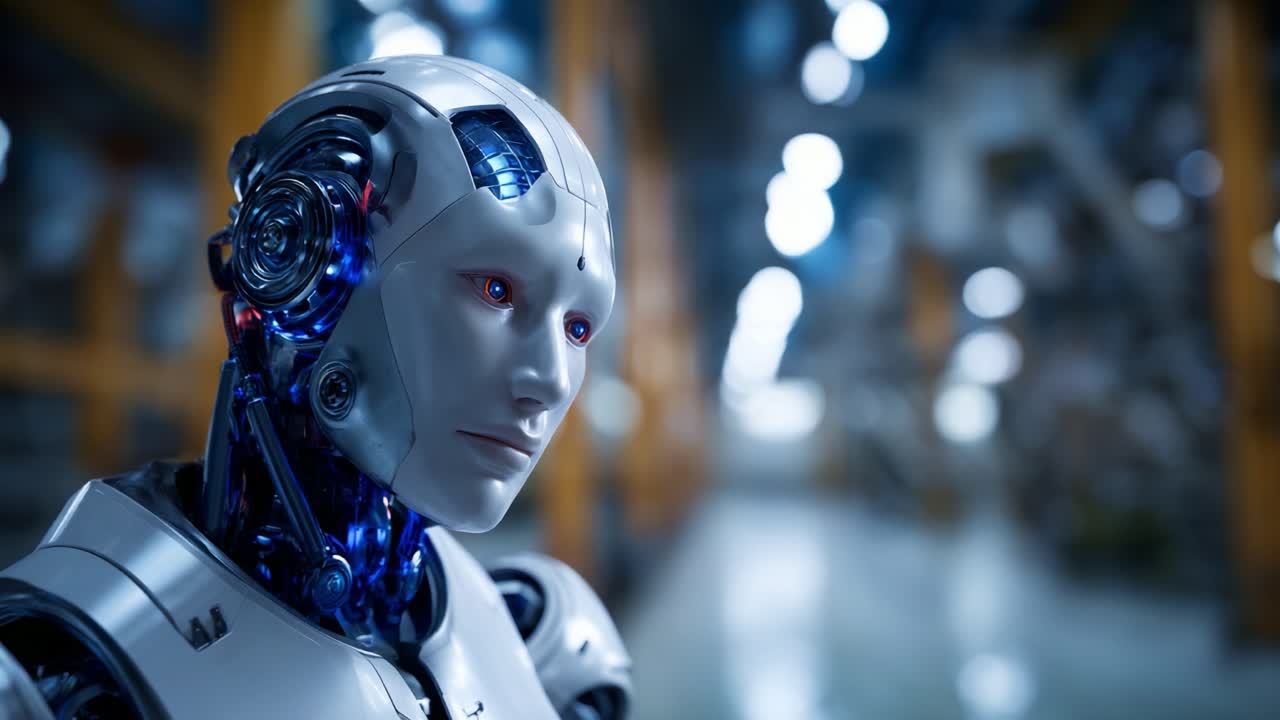 Yüksek teknolojili bir ortamda parlayan kırmızı detaylara sahip, fütüristik bir Android, gelişmiş robotik ve yapay zeka yeteneklerini sergiliyor