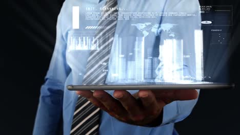 businessman using digital tablet with binary interface projecting information a