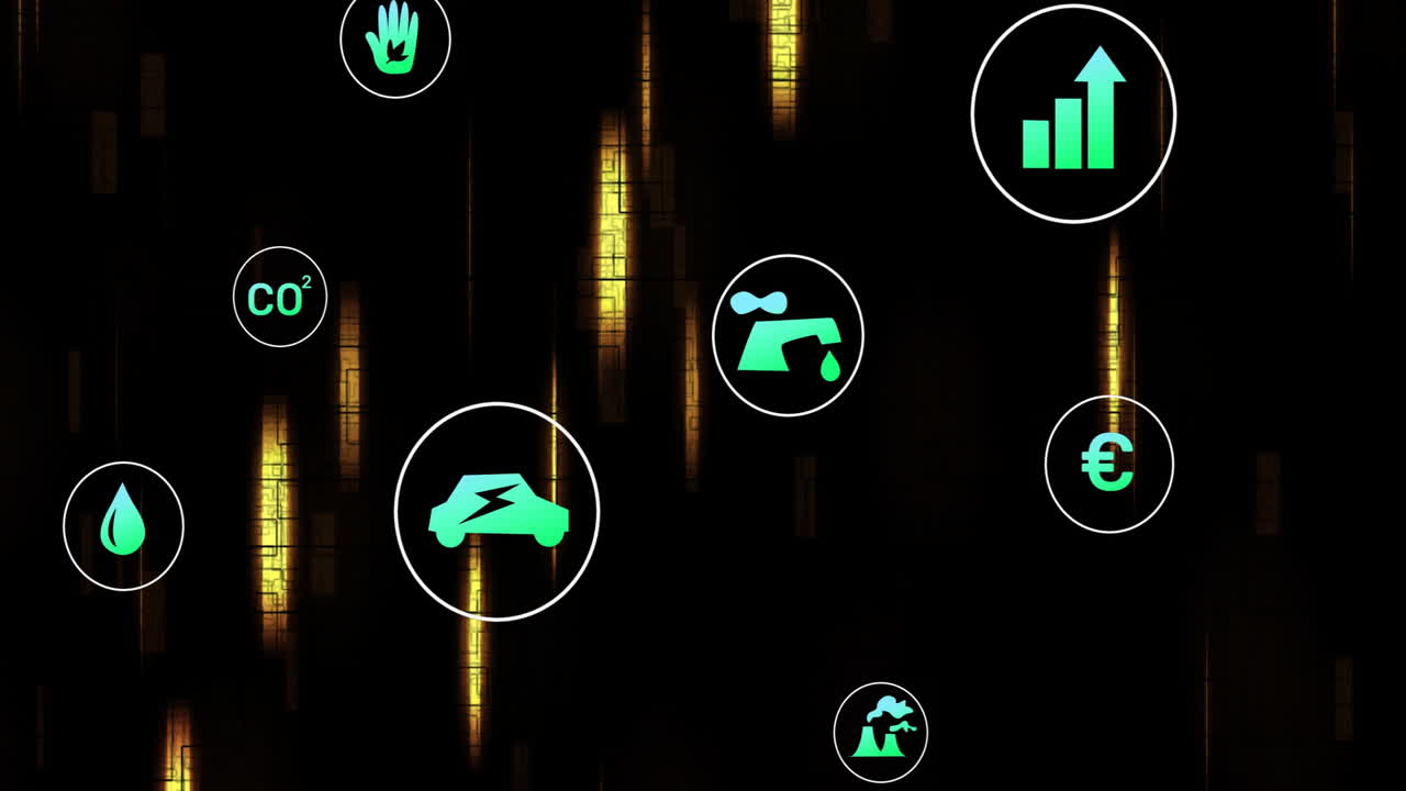 Animation of eco icons and data processing over black background
