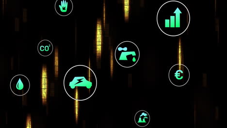 animation of eco icons and data processing over black background