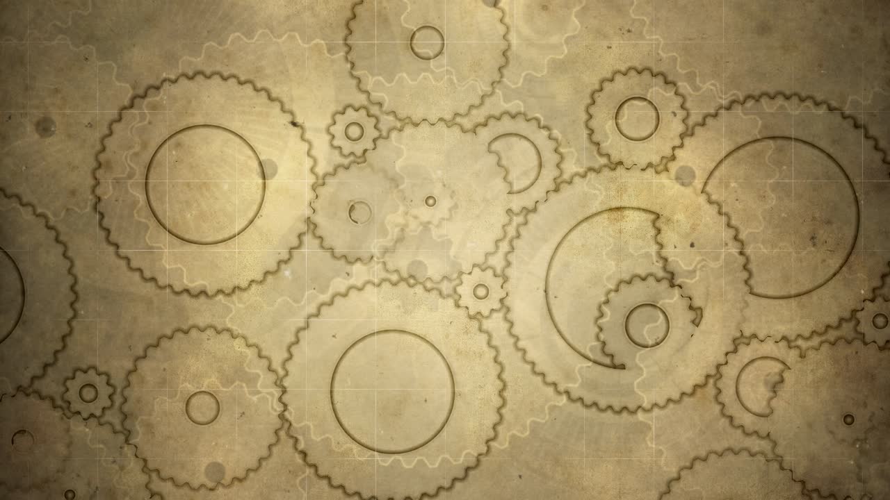 Gears and cogs against retro sepia-toned paper texture background with animated dust and scratches overlaid on abstract drawn clockwork components