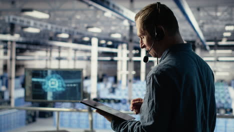 data center admin talking in audio headset mic, helping clients