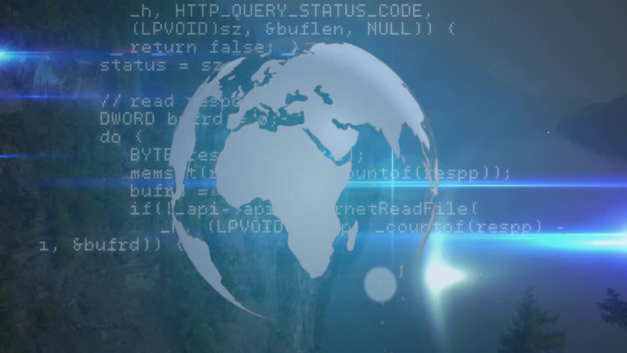 Animation of network of profile icons and data processing over spinning globe against light trails