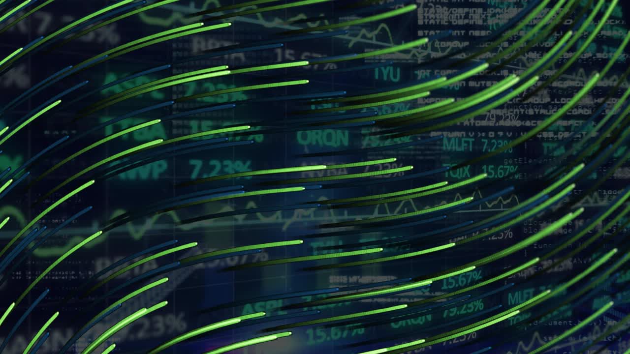 Animation of financial data processing with green light trails on digital screen