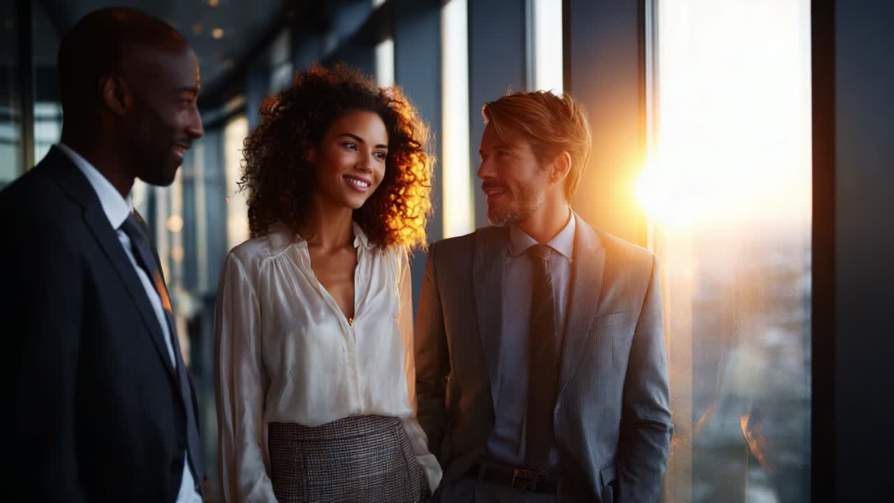 Tre professionisti impegnati in una conversazione significativa sullo sfondo di un bellissimo tramonto, che mette in risalto le connessioni interpersonali in un ambiente urbano moderno