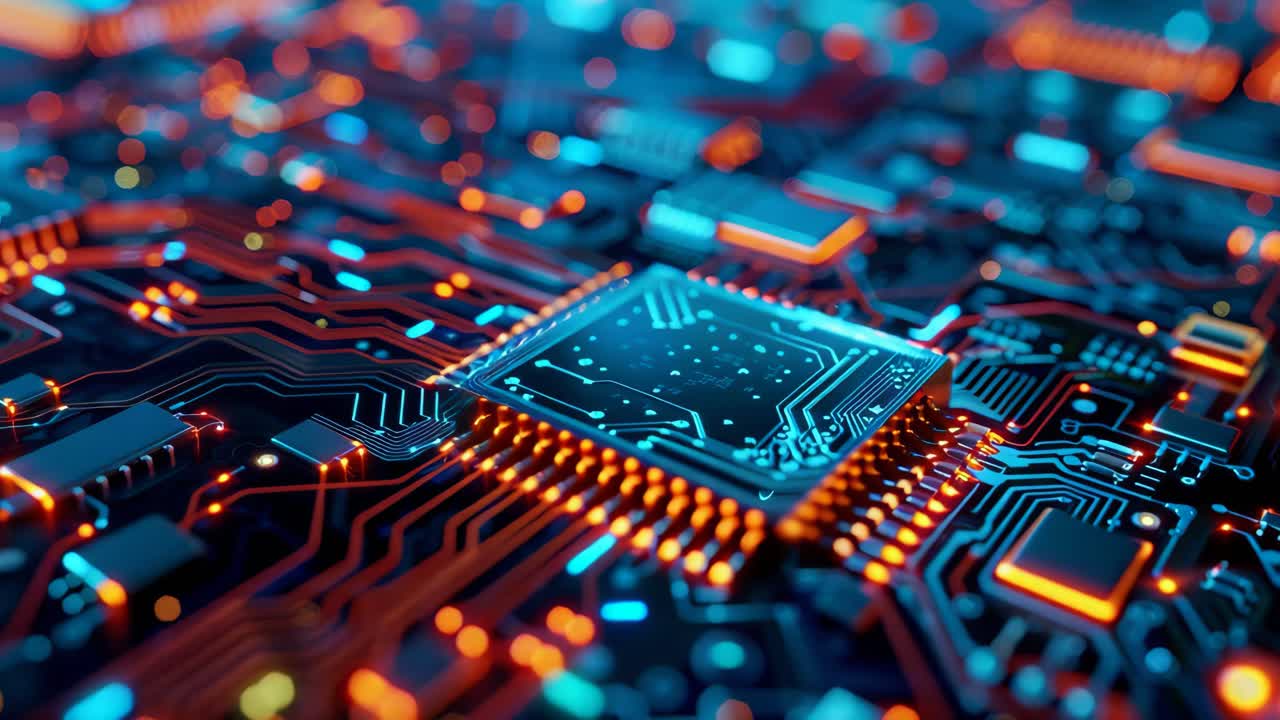 Close-up view of a glowing circuit board with a microprocessor