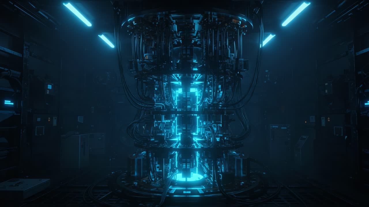 Futuristic Energy Source Technology: A Close-Up View of a High-Tech Reactor in a Dimly Lit Laboratory Environment, Illuminated by Striking Blue Lights and Complex Wiring