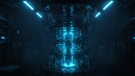 futuristic energy source technology: a close-up view of a high-tech reactor in a dimly lit laboratory environment, illuminated by striking blue lights and complex wiring