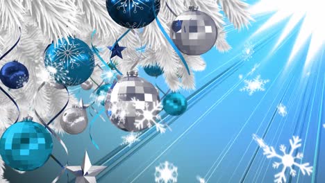 Digital-animation-of-snow-flakes-falling-over-christmas-bauble-and-star-decorations-hanging-on-tree-
