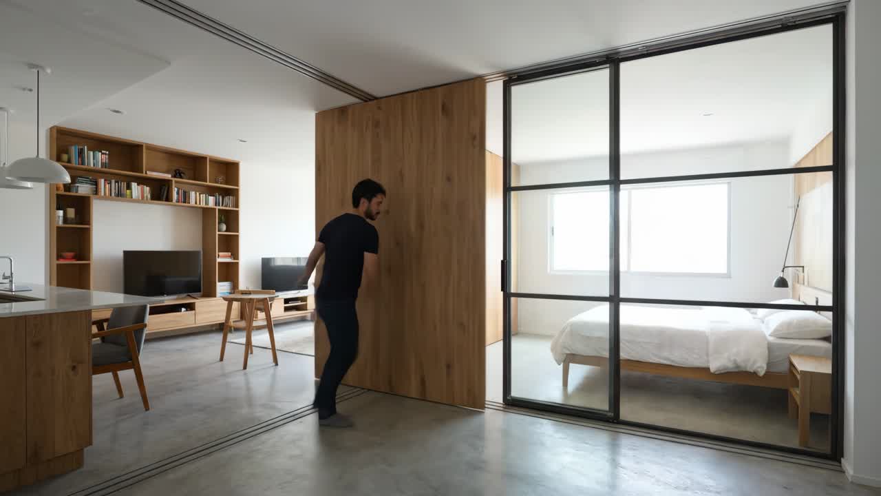 Uomo che apre una parete scorrevole in legno e una porta a vetri in un appartamento moderno