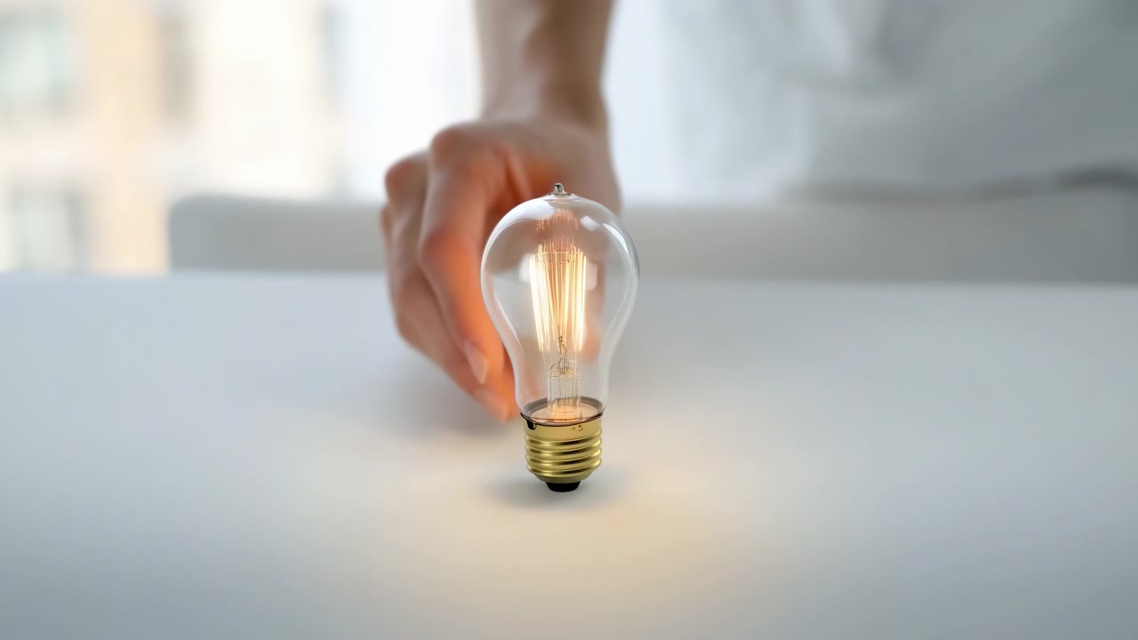 Close-up shows hand holding glowing clear bulb near white surface, with warm reflections on glass, cool neutral backdrop, shallow depth of field, and clean centered framing for simple product