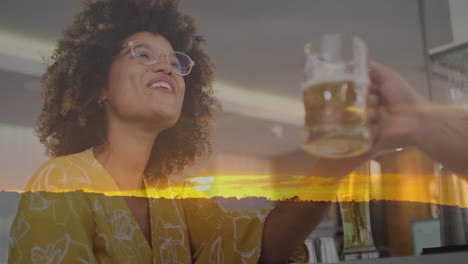 animación del paisaje del atardecer sobre diversos amigos tomando una copa en el bar.
