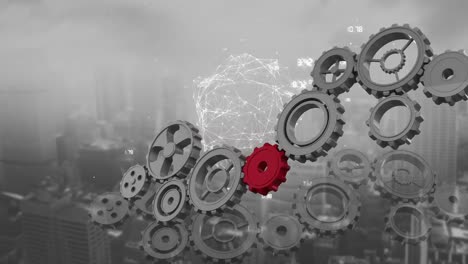 red giratoria de globo con red de datos y conexión con engranajes giratorios