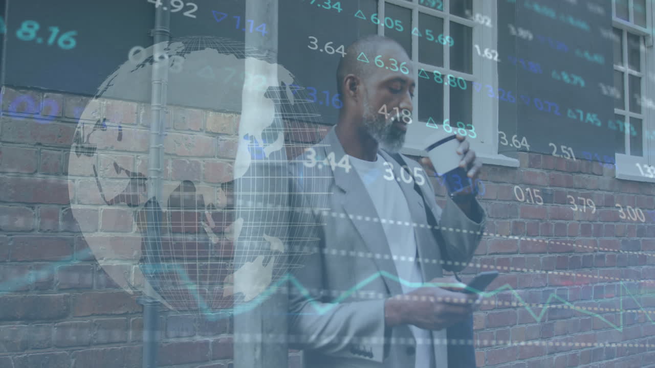 animazione dell'elaborazione dei dati su un uomo afroamericano che usa uno smartphone e beve caffè