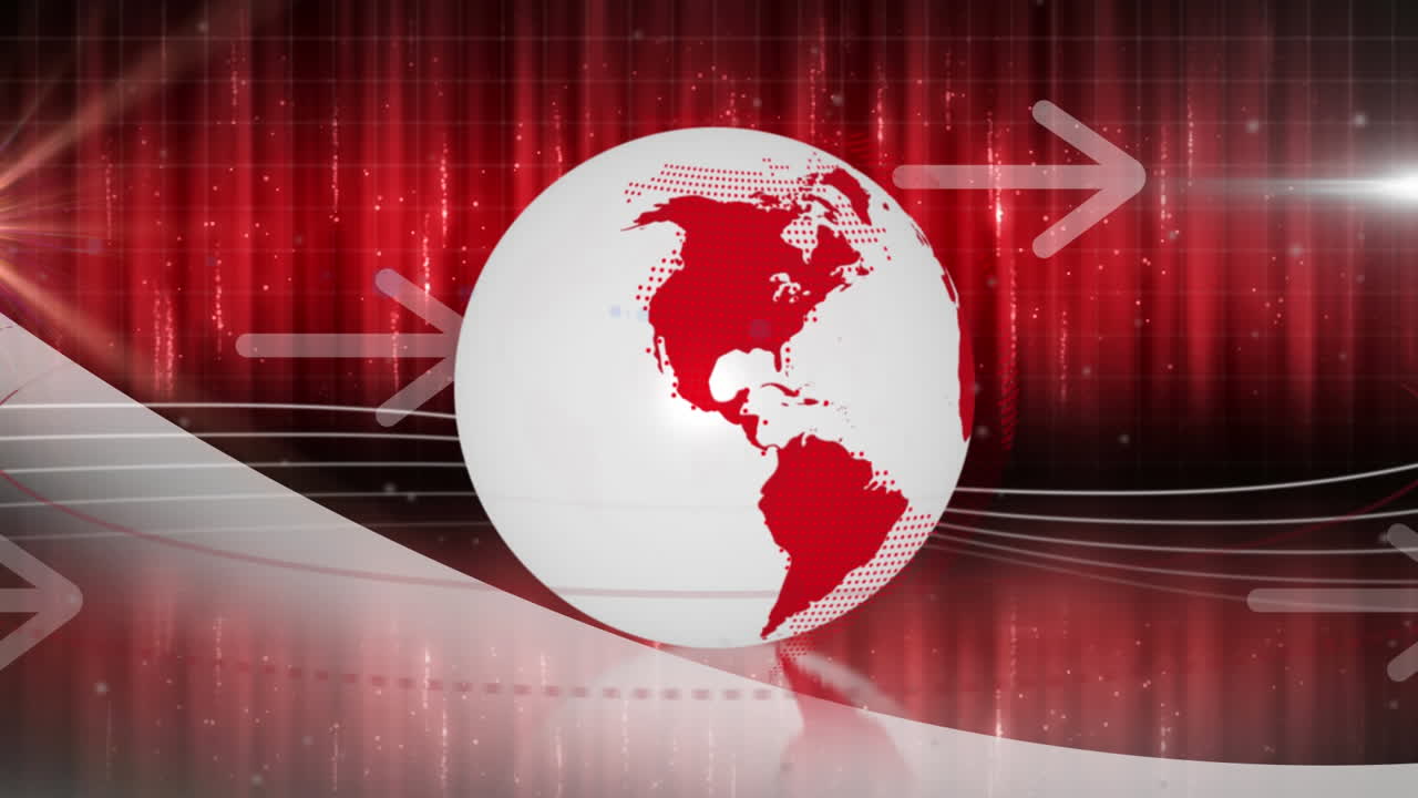 animación del mundo girando y flechas blancas sobre rieles de luz roja