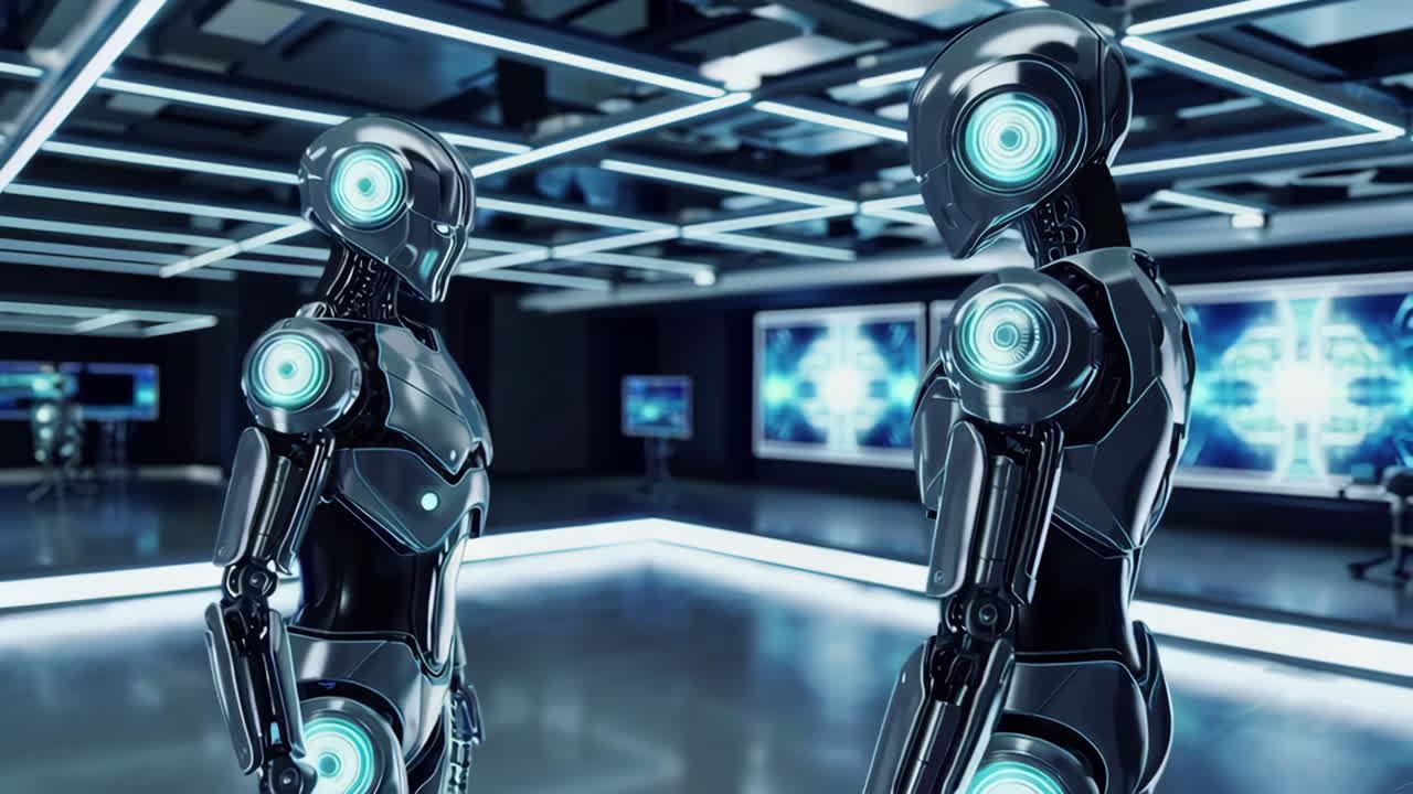 Futuristic Robots in a High-Tech Control Room