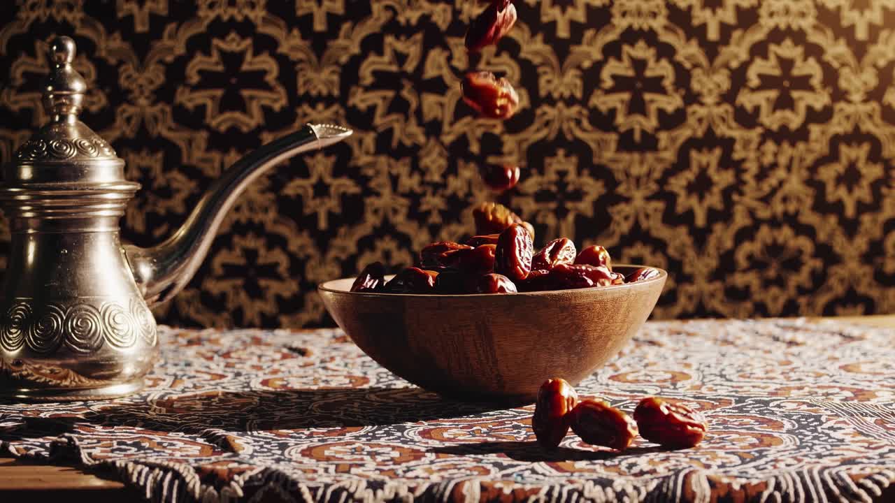 A vintage video still life with a low-angle view of a silver teapot and wooden bowl on a patterned