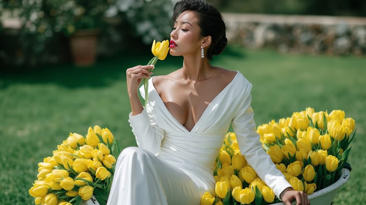 Bella donna in abito bianco seduta in una vasca da bagno piena di tulipani gialli