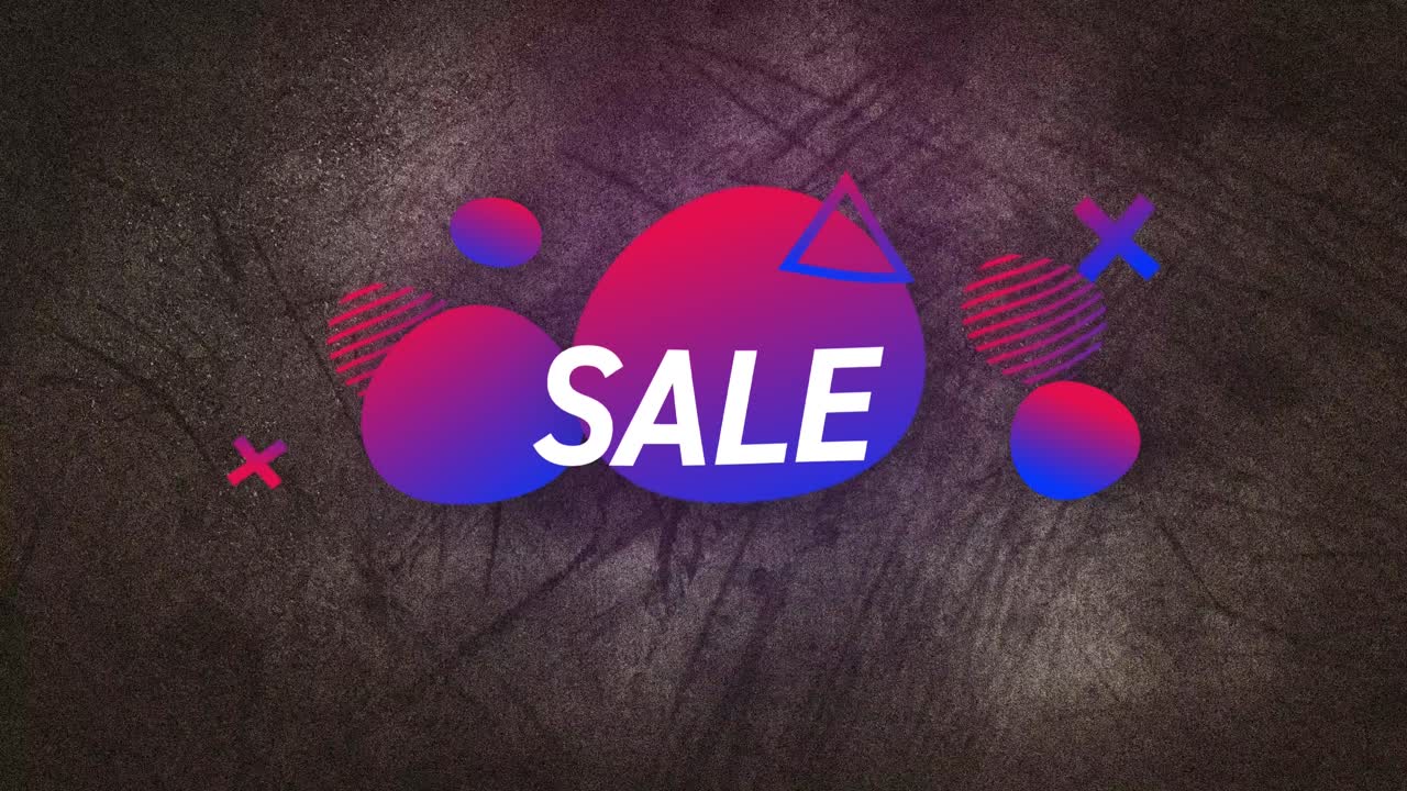 Animation af kæmpe udsalgstekst i hvidt over lyserøde til lilla former på grå flimrende baggrund