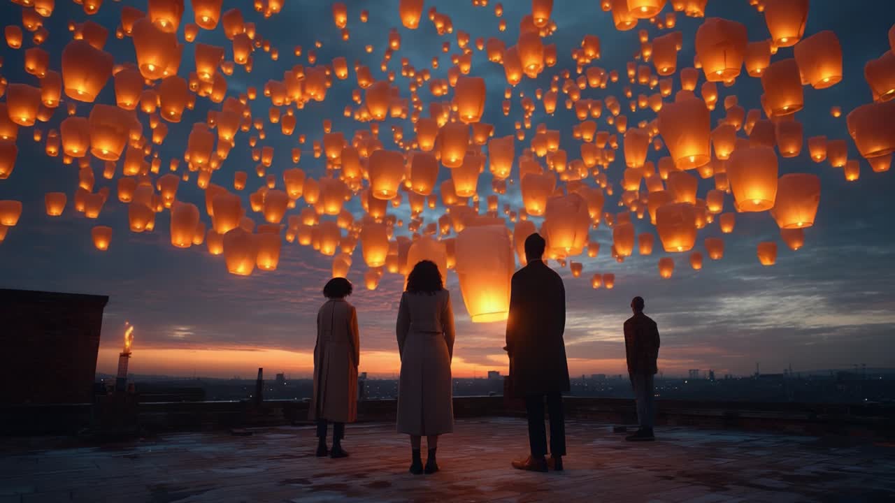 A Stunning Display of Lanterns Illuminates the Sky During Dusk as Four Figures Stand in Awe, Capturing a Moment of Serene Beauty and Tranquility Amidst the Glowing Atmosphere