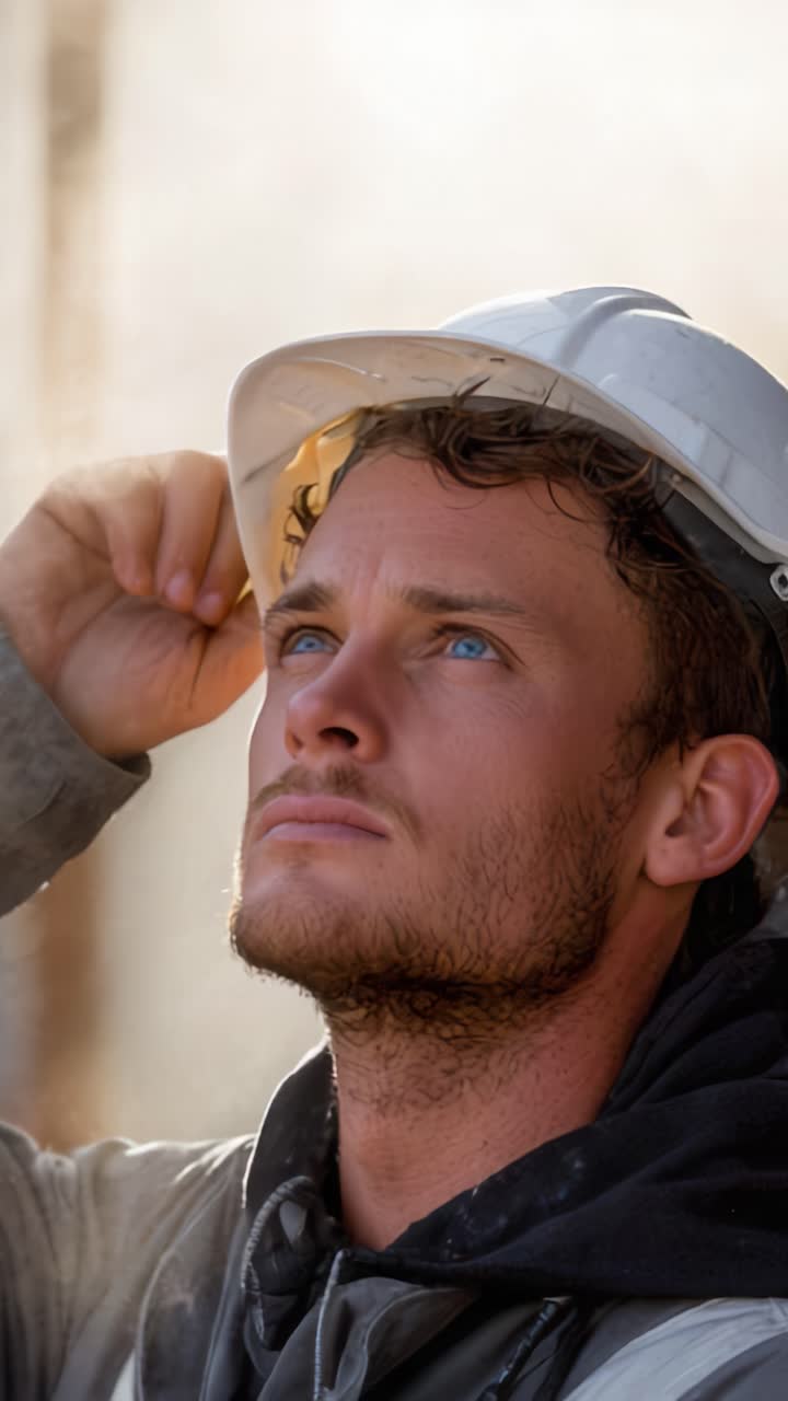 A young construction worker gazes upward with determination and focus, embodying dedication and strength in his profession while wearing a helmet for safety