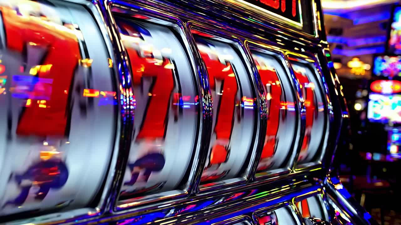 Slot machine spinning showing colorful numbers and signs in a Las Vegas casino, creating a vibrant and exciting atmosphere of gambling and entertainment