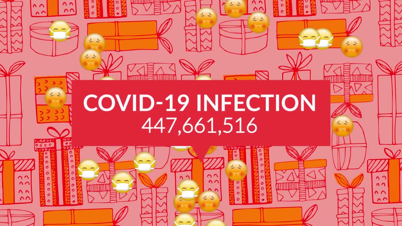 선물 패턴 위에 코로나19 텍스트의 애니메이션과 분홍색 배경에 있는 아픈 이모지
