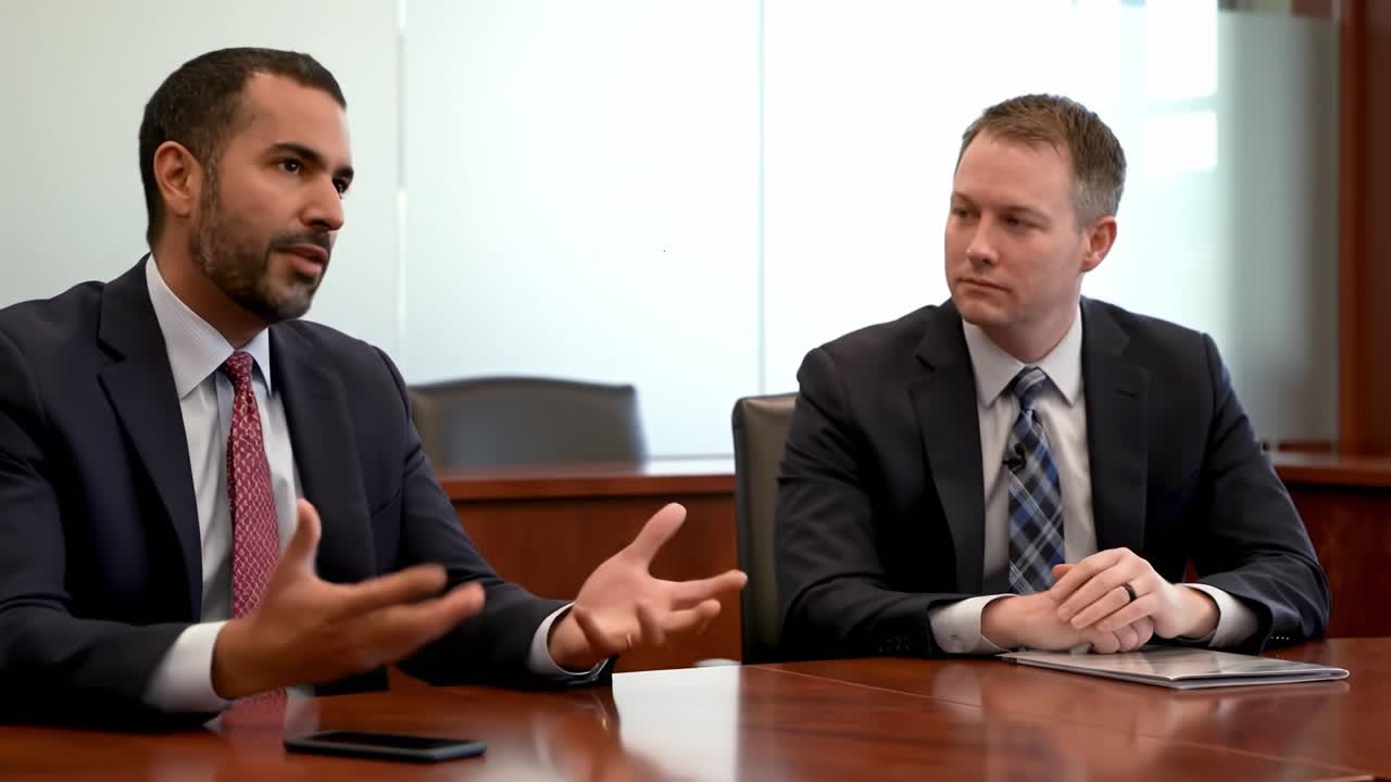 Two business professionals engage in a discussion about strategy inside a contemporary office. The conversation conveys a sense of collaboration and focuses on decision-making.