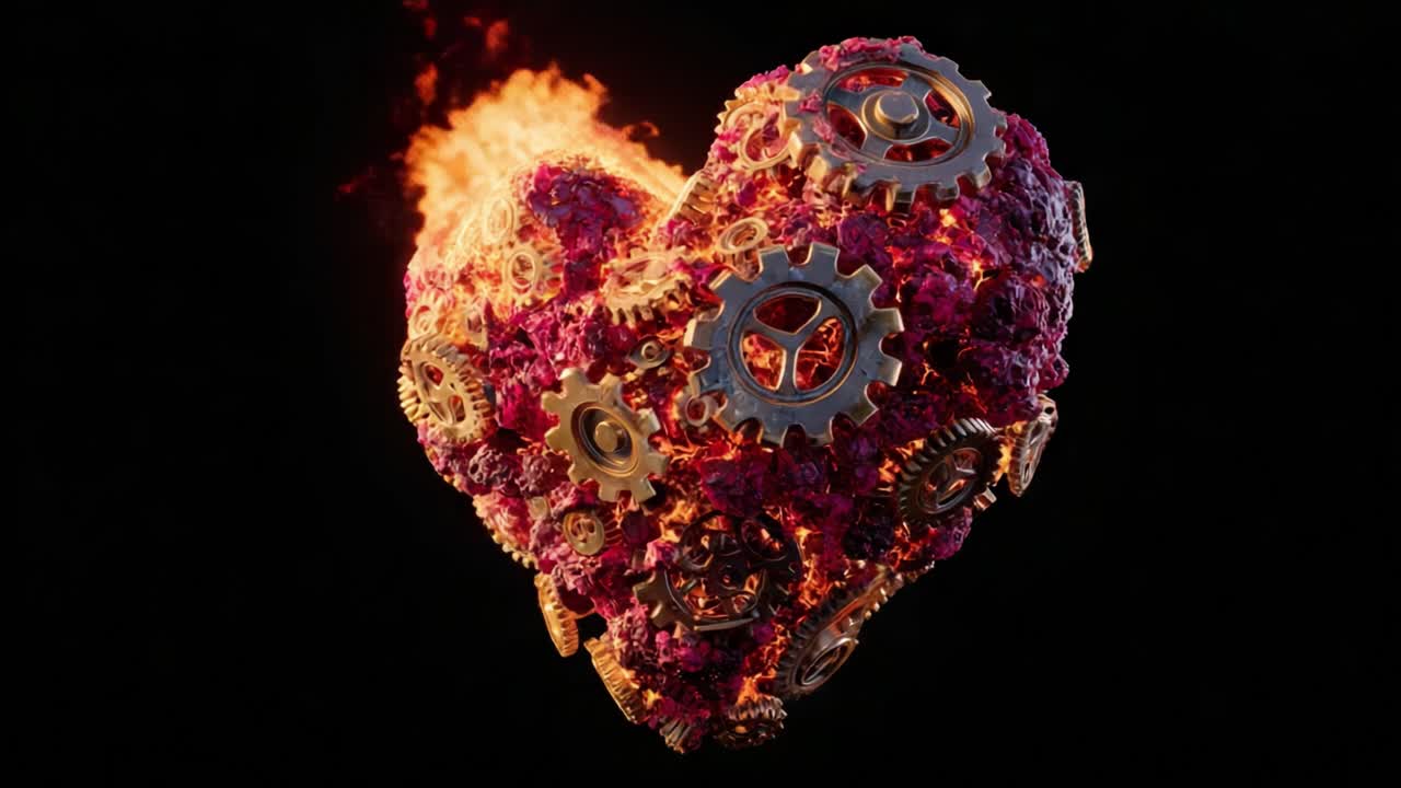 A Vibrant Heart of Flames and Gears: An Artistic Representation of Passion and Industry Uniting in a Symbol of Love and Creativity