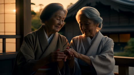 two elderly japanese women holding hands at sunset
