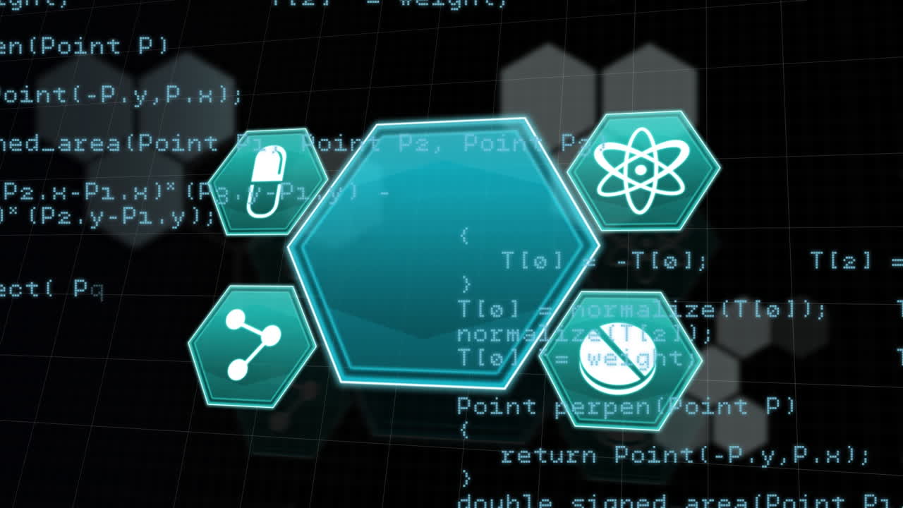 Animation of scientific icons and data processing on black background