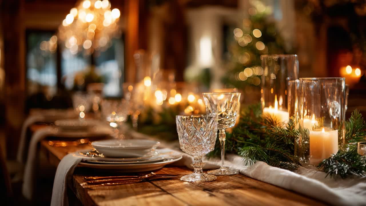 A beautifully decorated dining table setting adorned with candles, elegant glassware, and fresh greenery, creating a warm and inviting atmosphere for festive gatherings and celebrations