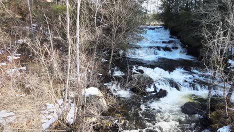 Waterfall-flowing-aerial-view-while-panning-to-the-right-in-Paradox-NY