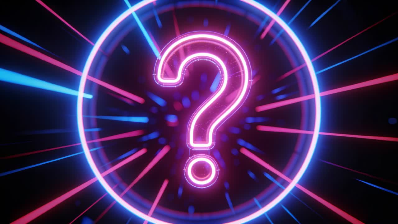 Starting animation causing neon question-mark pulsing inside ring, cyan pink streaks moving in void