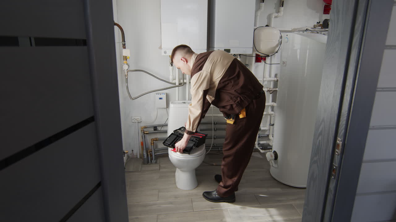 Plumber Inspecting Pipes in Bathroom