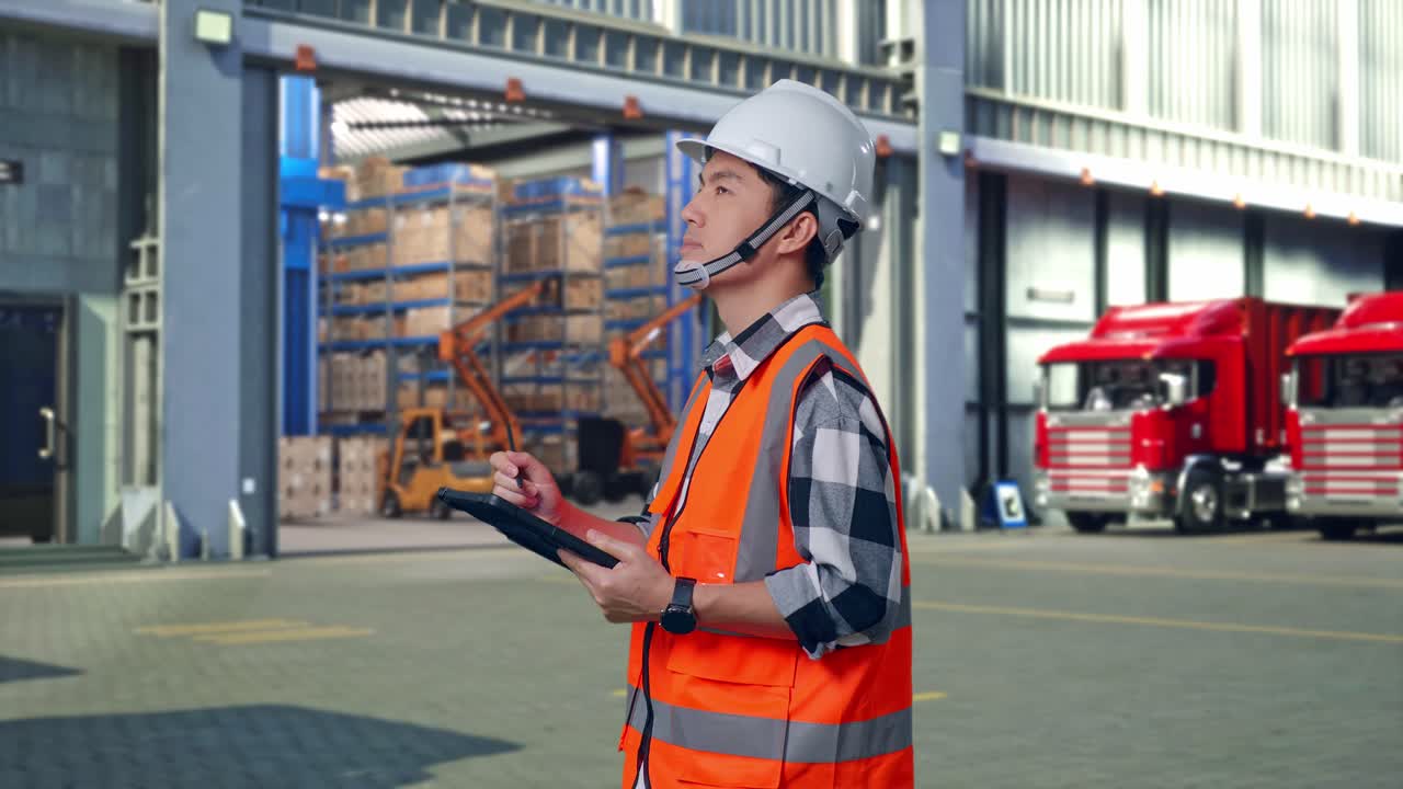 Side View Of Asian Male Engineer With Safety Helmet Taking Note On The Tablet And Looking Around While Standing , Outside of Logistics Distributions Warehouse