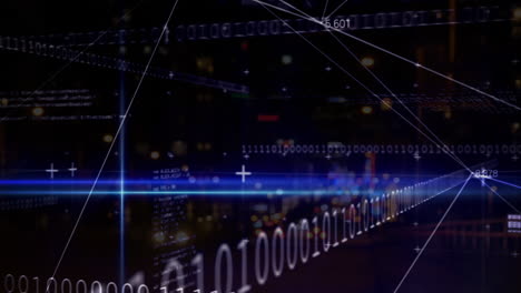 animación de procesamiento de datos y codificación binaria sobre la ciudad