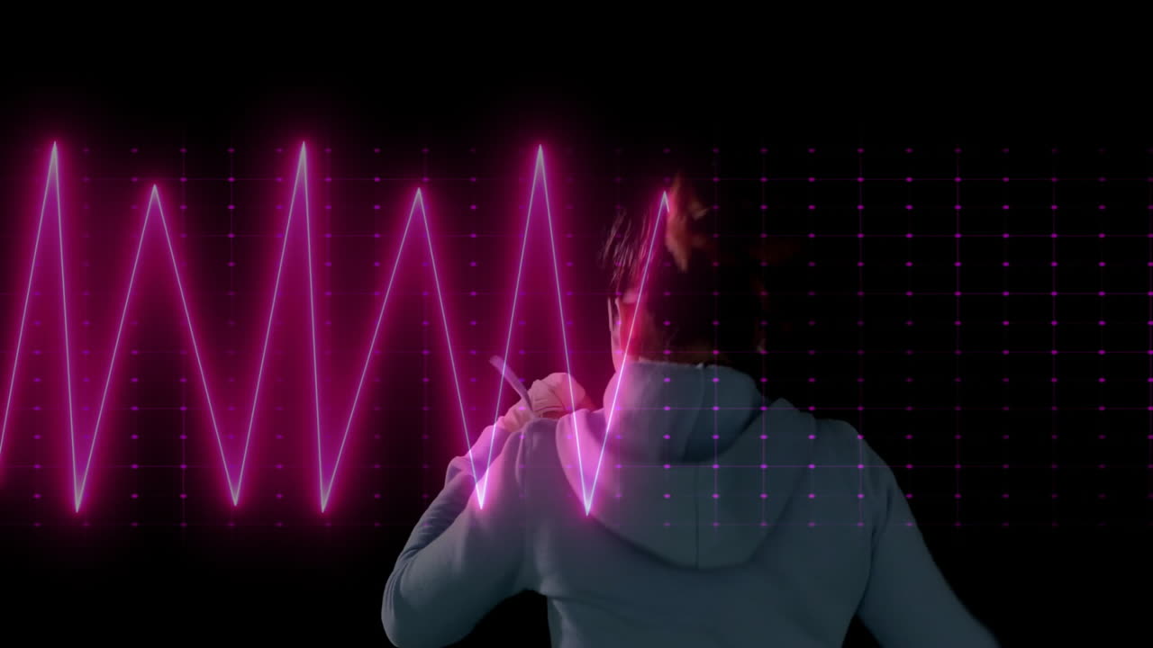 Woman adjusting hoodie in dark set, displaying neon-pink waveform with magenta grid for technology
